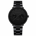Front view of the black multifunctional watch featuring quartz movement, ideal for a minimalist outfit.