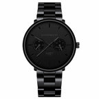 Front view of the black multifunctional watch featuring quartz movement, ideal for a minimalist outfit.