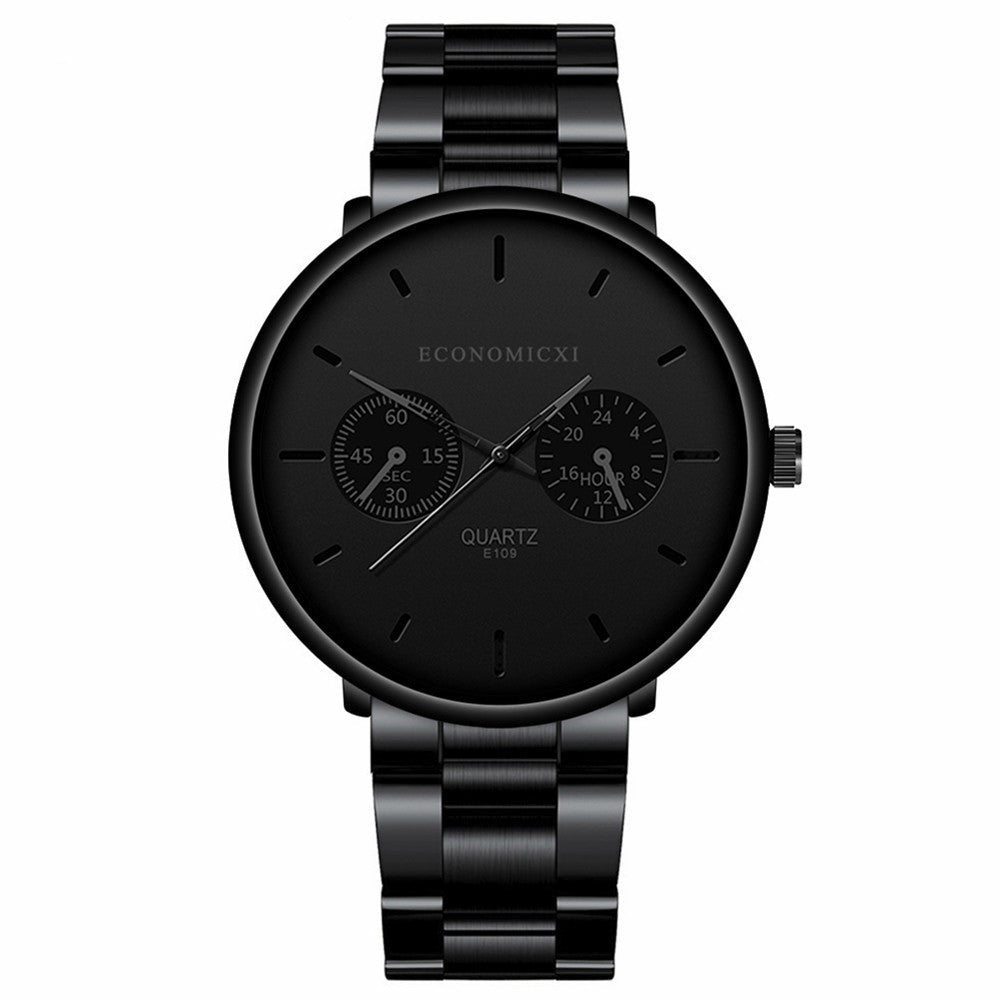 Front view of the black multifunctional watch featuring quartz movement, ideal for a minimalist outfit.