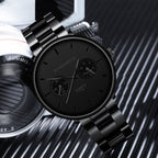 Front view of the black multifunctional watch with gold accents, perfect for chic fashion enthusiasts.