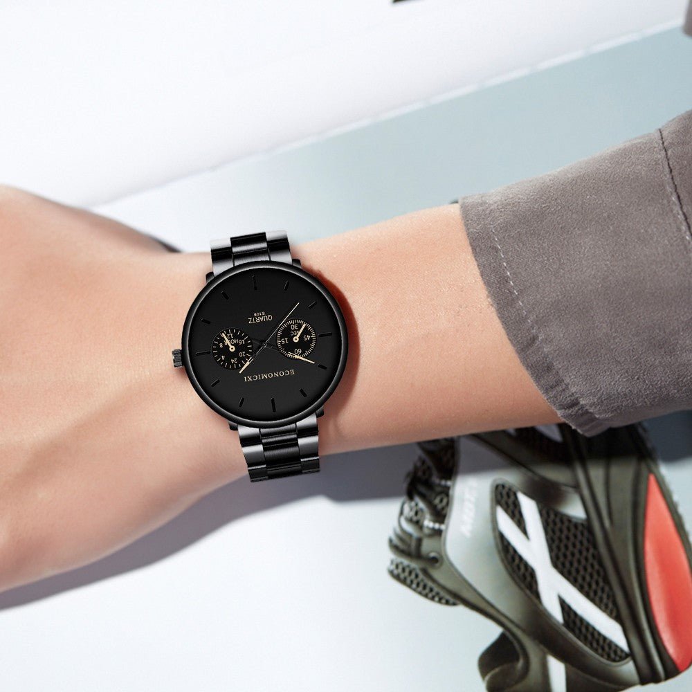 Front view of the black multifunctional watch with minimalist design, a versatile addition to any capsule wardrobe.