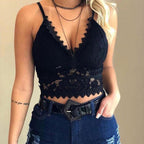 Lifestyle shot of a black hollow lace triangle bralette, showcasing a chic sling design and wire-free comfort.