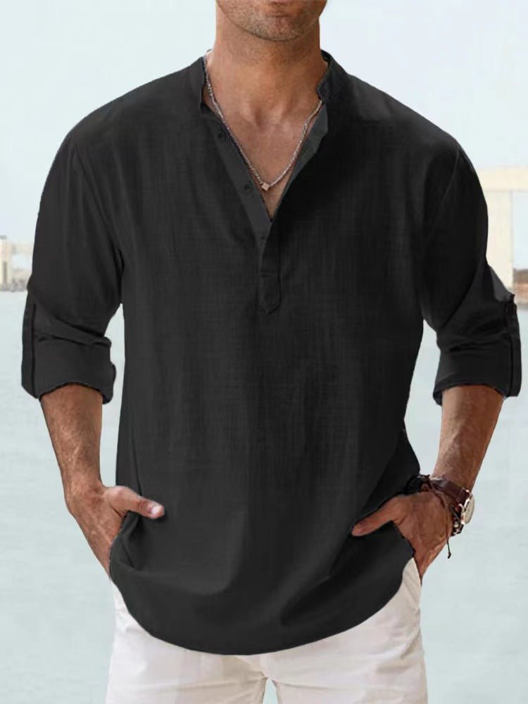 New Men's Casual Blouse Cotton Linen Shirt Loose Tops Long Sleeve Tee Shirt Spring Autumn Casual Handsome Men's Shirts - @BlackWhite