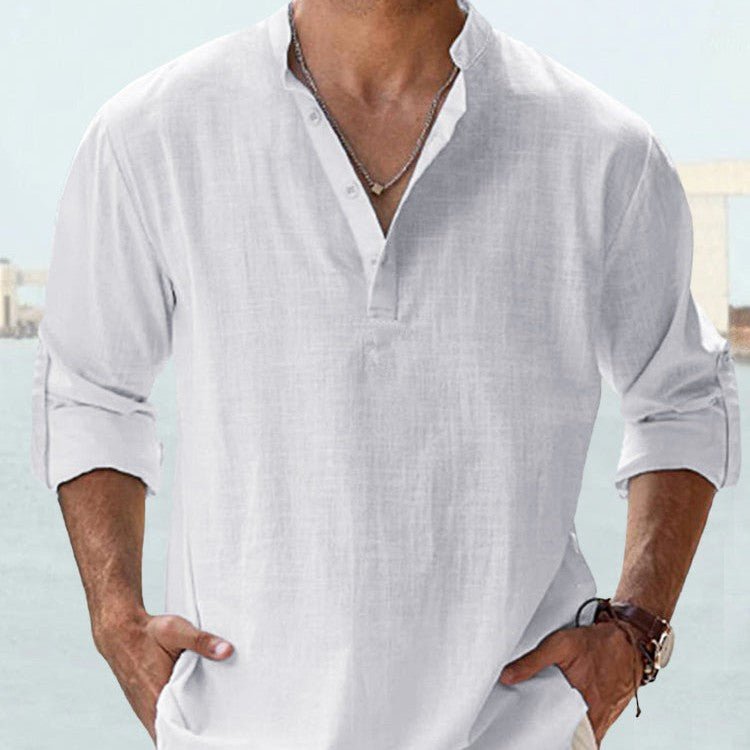 New Men's Casual Blouse Cotton Linen Shirt Loose Tops Long Sleeve Tee Shirt Spring Autumn Casual Handsome Men's Shirts - @BlackWhite