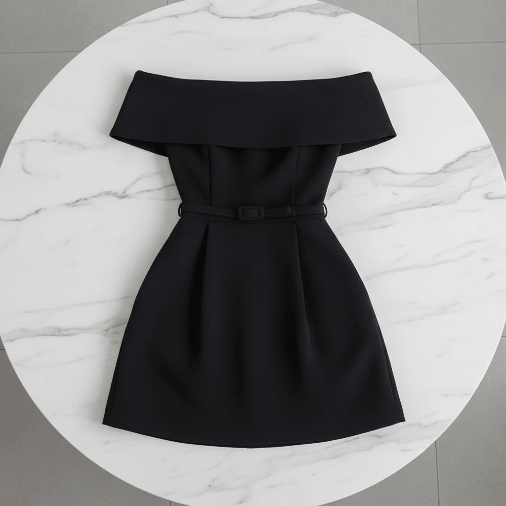 Off-Shoulder Dress with Waist Belt – Chic & Feminine Style - @BlackWhite