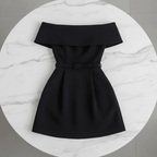 Off-Shoulder Dress with Waist Belt – Chic & Feminine Style - @BlackWhite