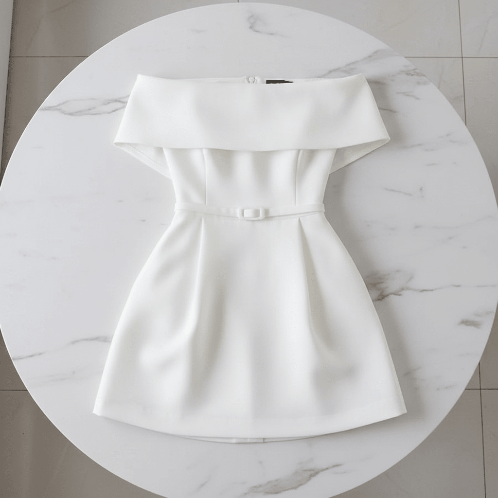 Off-Shoulder Dress with Waist Belt – Chic & Feminine Style - @BlackWhite