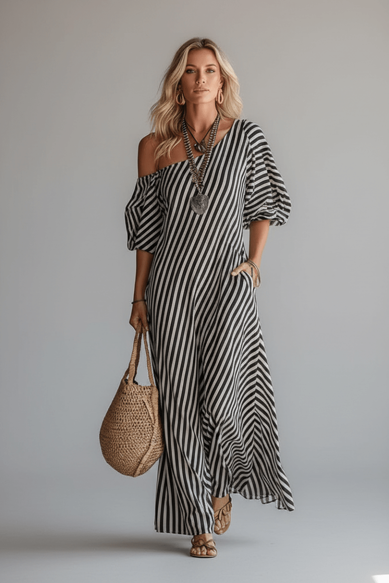Off-Shoulder Striped Maxi Dress – Boho Vacation - @BlackWhite