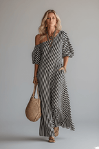 Off-Shoulder Striped Maxi Dress – Boho Vacation - @BlackWhite