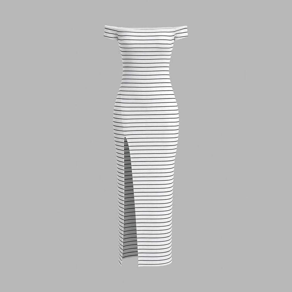 Front view of the off-shoulder striped tube dress in black and white, featuring a chic minimalist style.