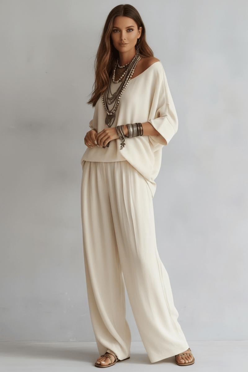 Off-Shoulder Wide-Leg Pants Set – Relaxed Boho Style - @BlackWhite