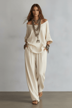 Off-Shoulder Wide-Leg Pants Set – Relaxed Boho Style - @BlackWhite