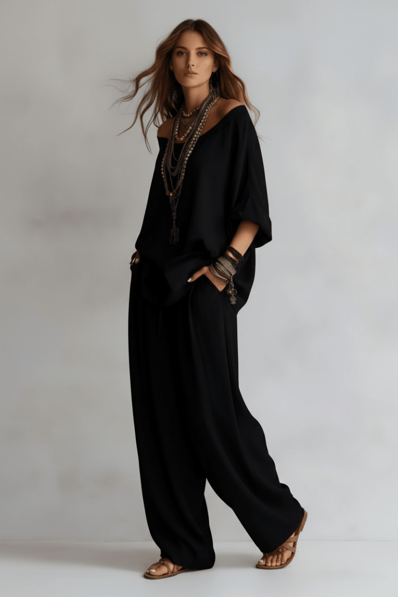 Off-Shoulder Wide-Leg Pants Set – Relaxed Boho Style - @BlackWhite