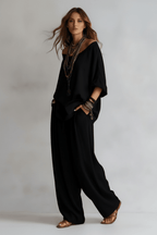 Off-Shoulder Wide-Leg Pants Set – Relaxed Boho Style - @BlackWhite