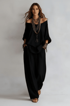 Off-Shoulder Wide-Leg Pants Set – Relaxed Boho Style - @BlackWhite