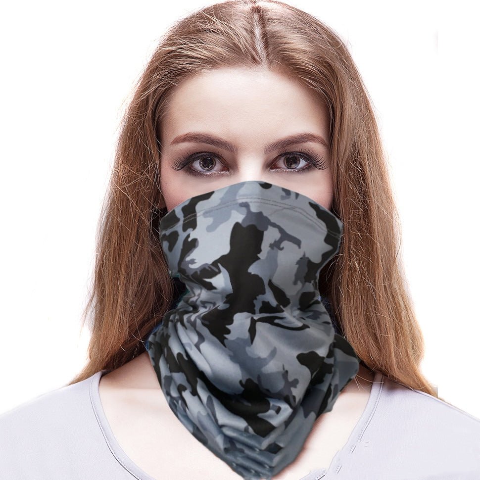 Lifestyle shot of the gray camouflage headband scarf highlighting black and gray colors with versatile stretchable fabric.