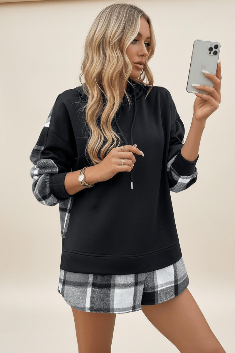 Oversized Black Hoodie with Plaid Patchwork – Y2K Style - @BlackWhite