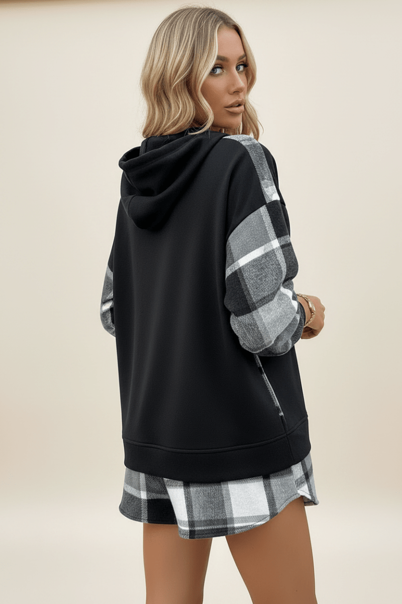 Oversized Black Hoodie with Plaid Patchwork – Y2K Style - @BlackWhite