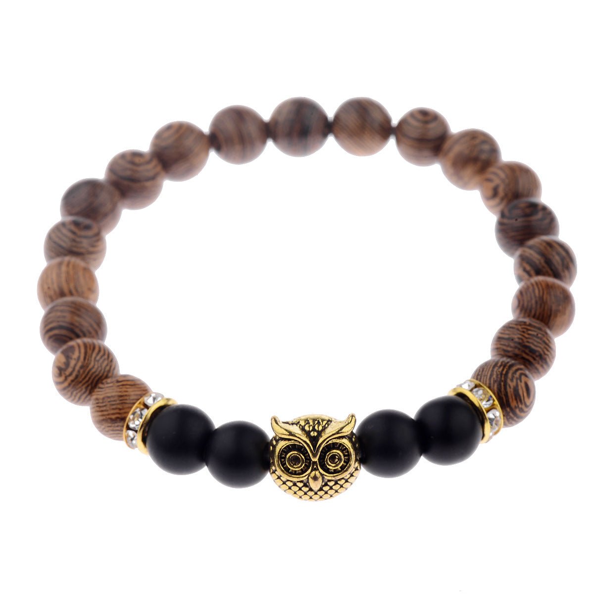 Detail close-up of the exotic wood grain bracelet featuring gold alloy stone accents, highlighting elegant craftsmanship.