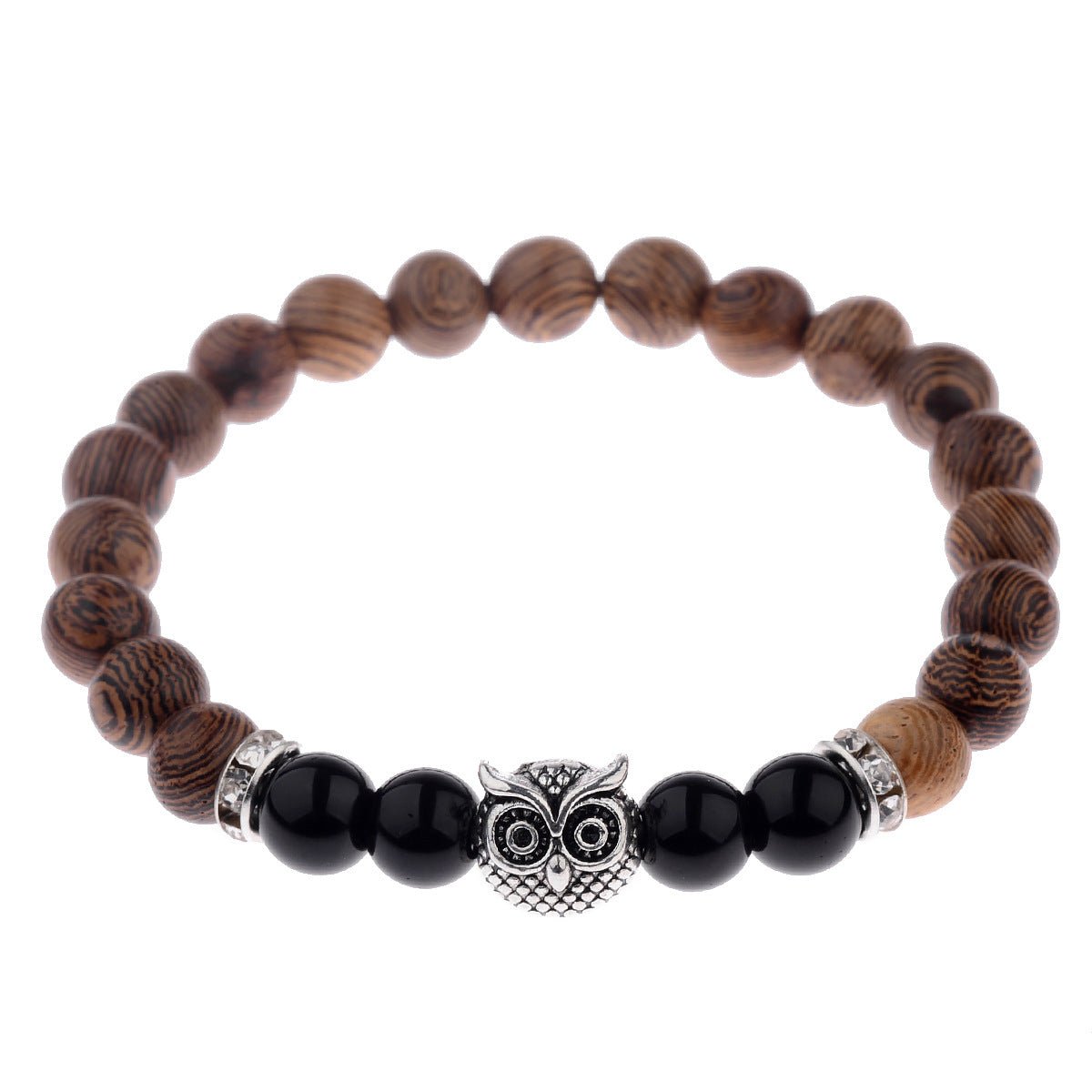 Detail close-up of the exotic wood grain bracelet with silver alloy stone accents, showcasing chic design.