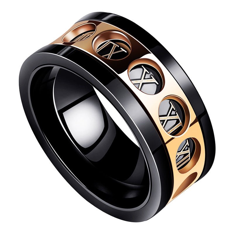 Detail close-up of a black and rose gold ring with decorative cutouts and shiny finish.