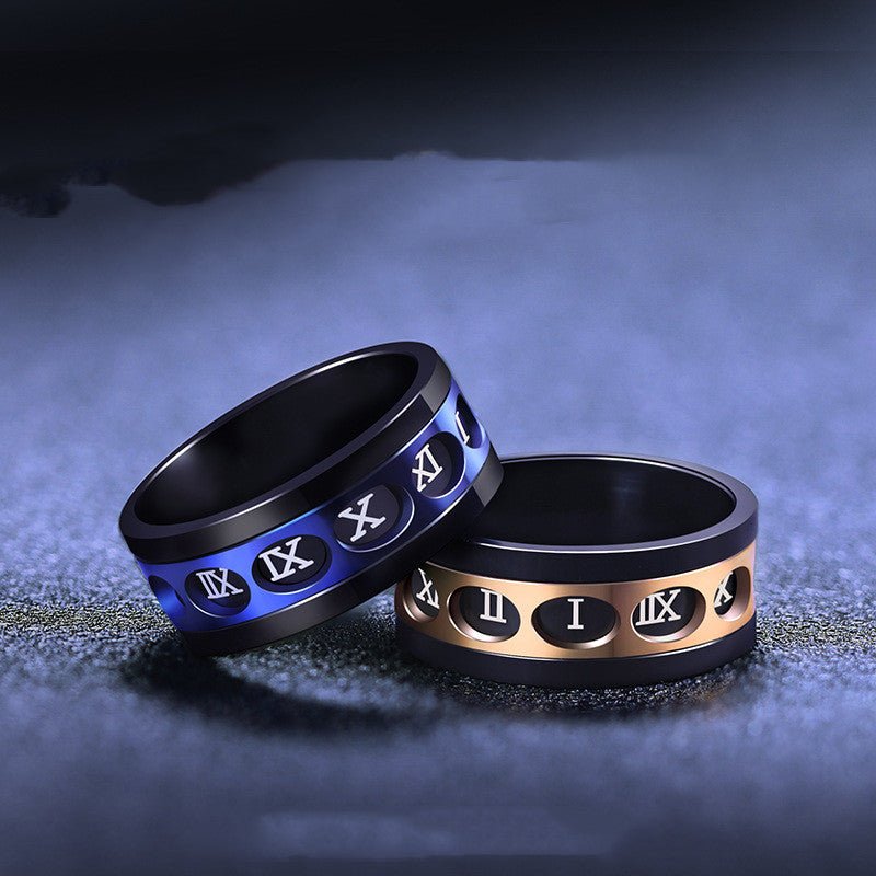 Detail close-up of the blue and rose gold titanium steel hip hop personality ring with a textured design.