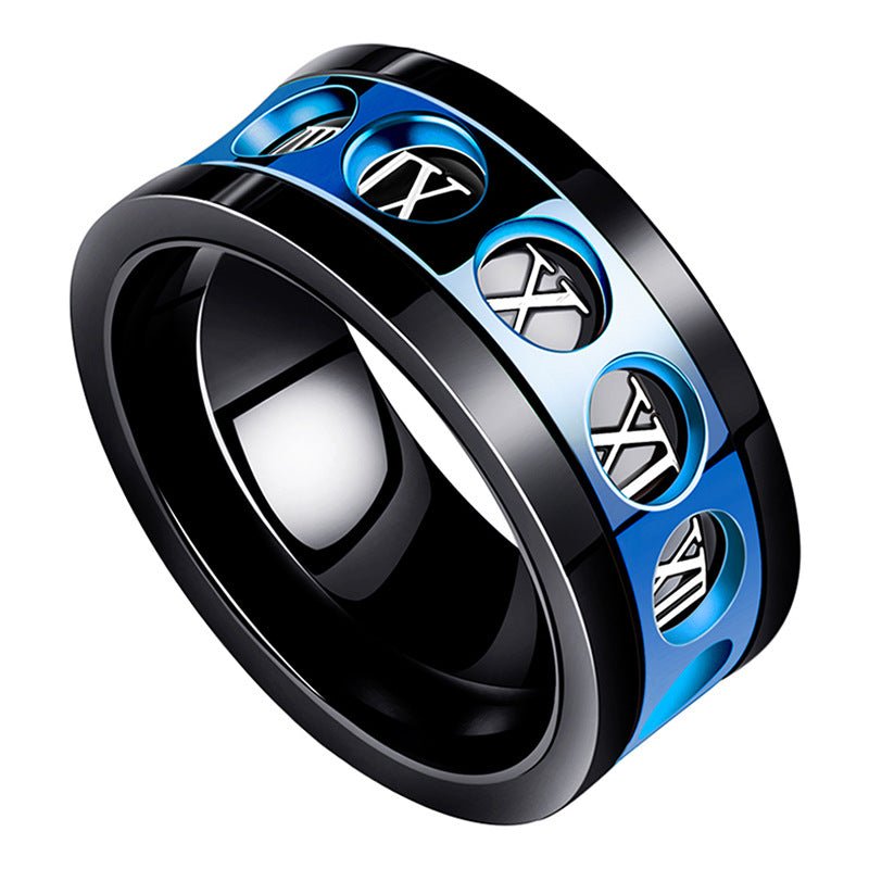 Detail close-up of a blue and black ring with decorative cutouts and shiny finish.