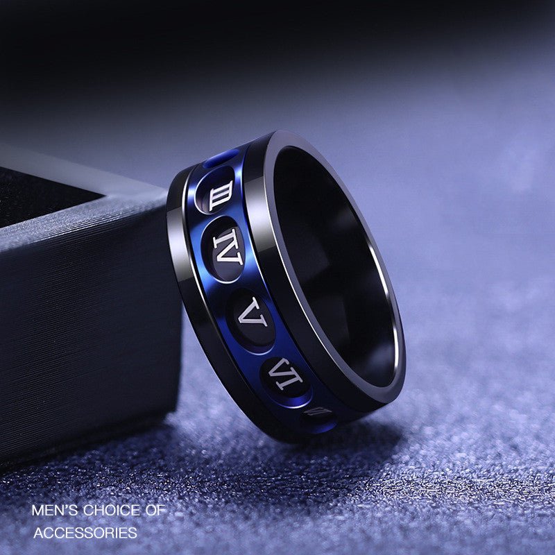 Detail close-up of the blue titanium ring featuring hip-hop style design.