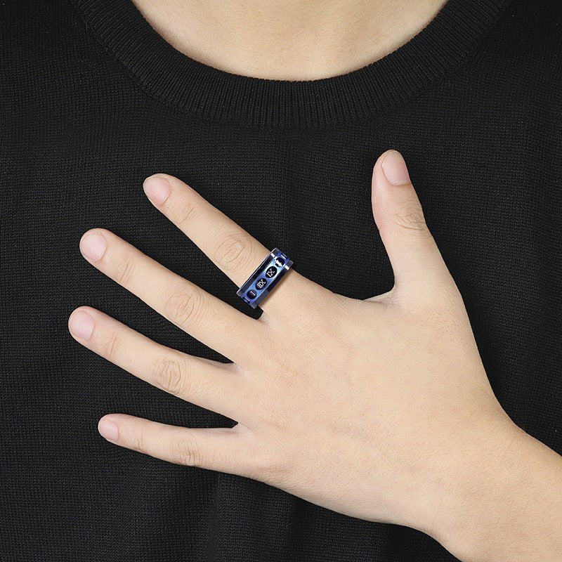 Detail close-up of the blue and rose gold titanium ring showcasing personality design.