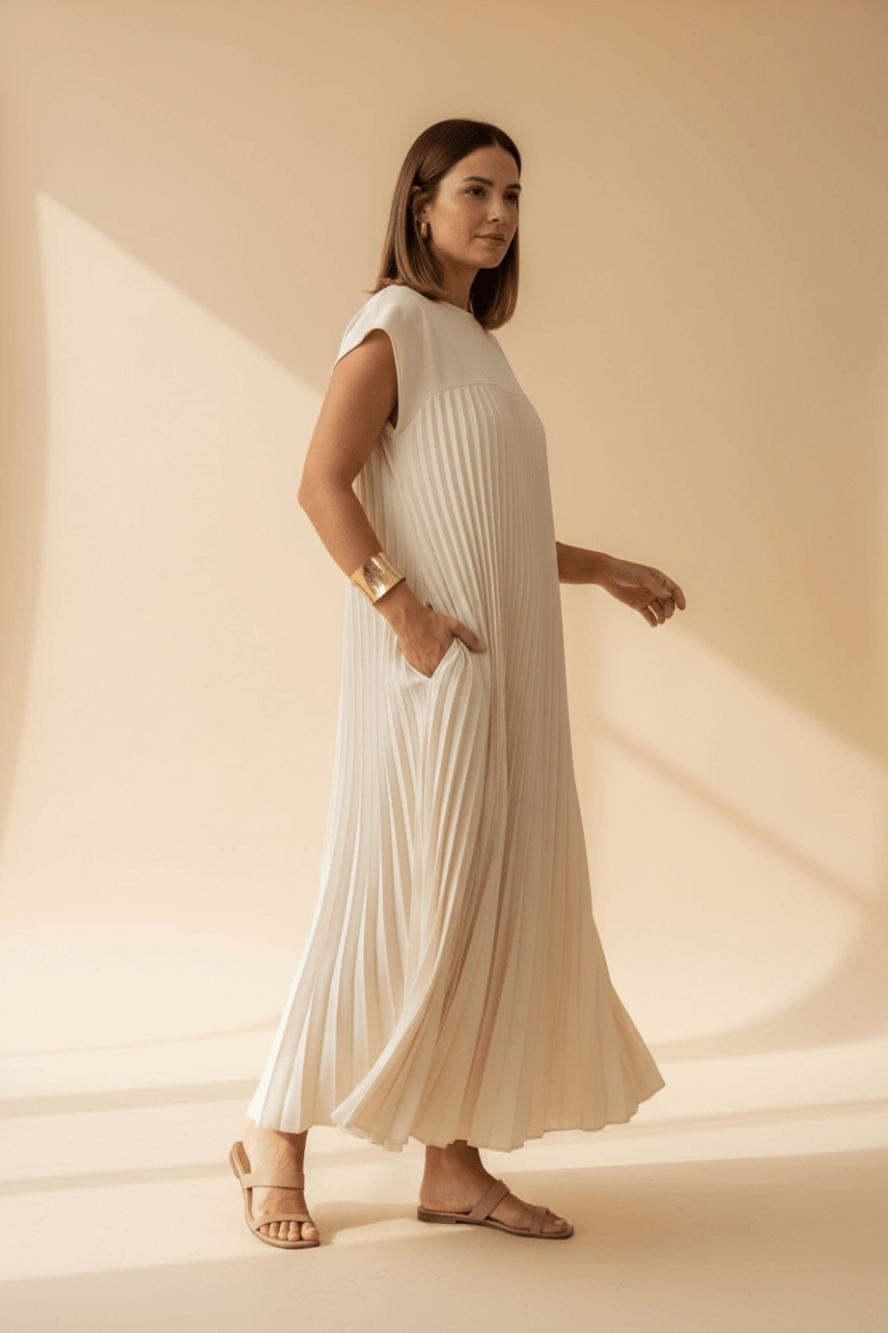 Pleated High-Waist Maxi Dress with Pockets – Cap Sleeves - @BlackWhite