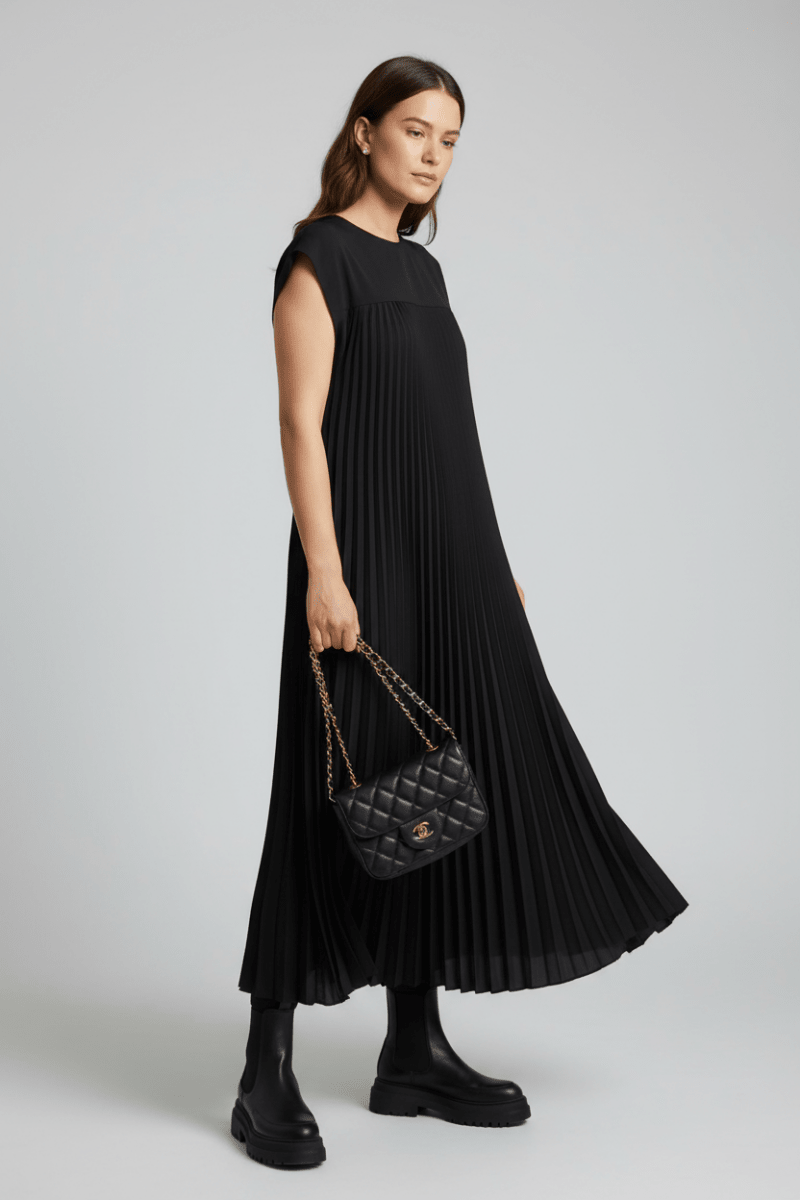 Pleated High-Waist Maxi Dress with Pockets – Cap Sleeves - @BlackWhite
