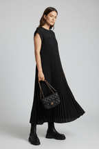 Pleated High-Waist Maxi Dress with Pockets – Cap Sleeves - @BlackWhite