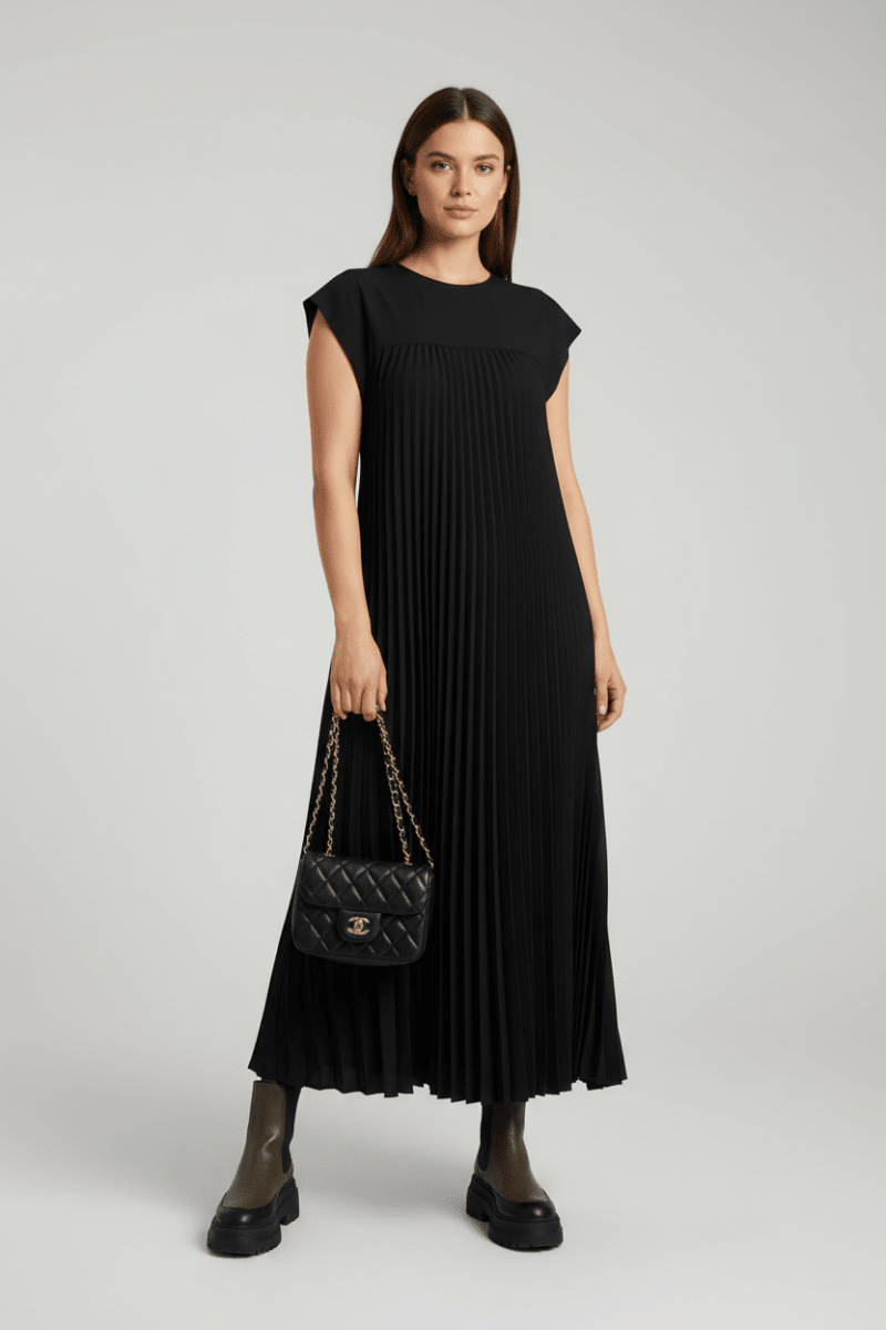 Pleated High-Waist Maxi Dress with Pockets – Cap Sleeves - @BlackWhite