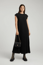 Pleated High-Waist Maxi Dress with Pockets – Cap Sleeves - @BlackWhite