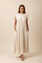 Pleated High-Waist Maxi Dress with Pockets – Cap Sleeves - @BlackWhite