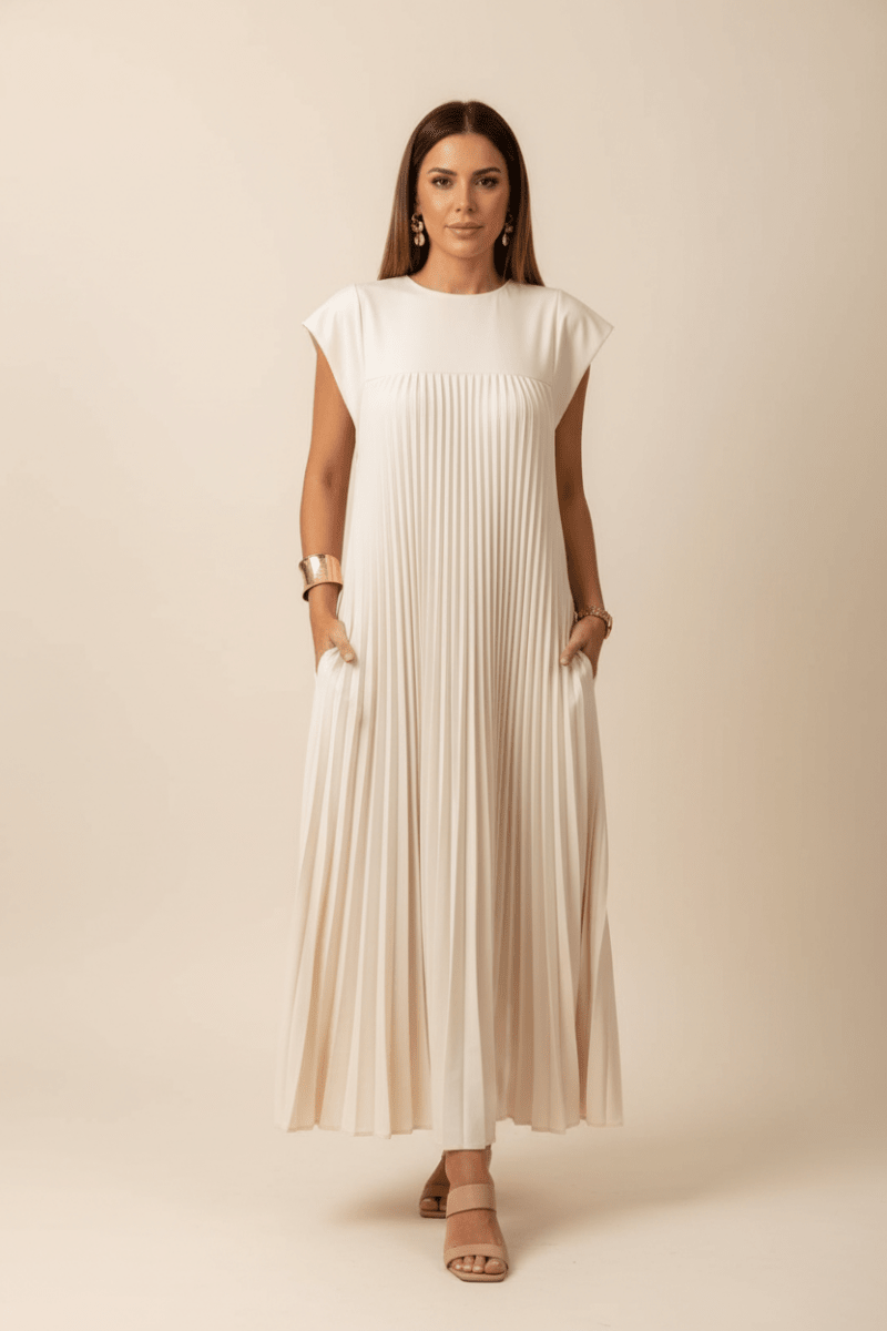 Pleated High-Waist Maxi Dress with Pockets – Cap Sleeves - @BlackWhite