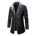Front view of the black plush lapel leather jacket with long sleeves, chic minimalist style for winter