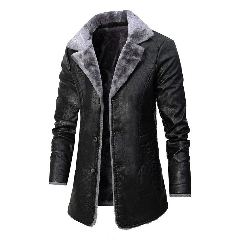 Front view of the black plush lapel leather jacket with long sleeves, chic minimalist style for winter
