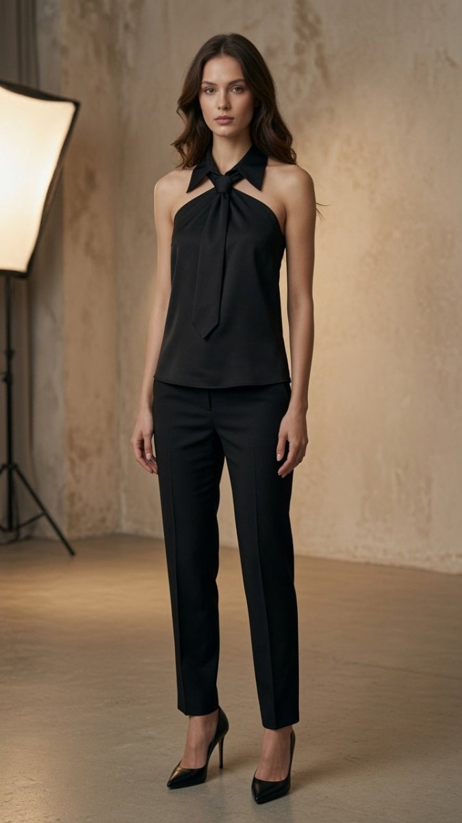 Polo Collar Tie Halter Vest – Sleeveless Top Black & White - @BlackWhite