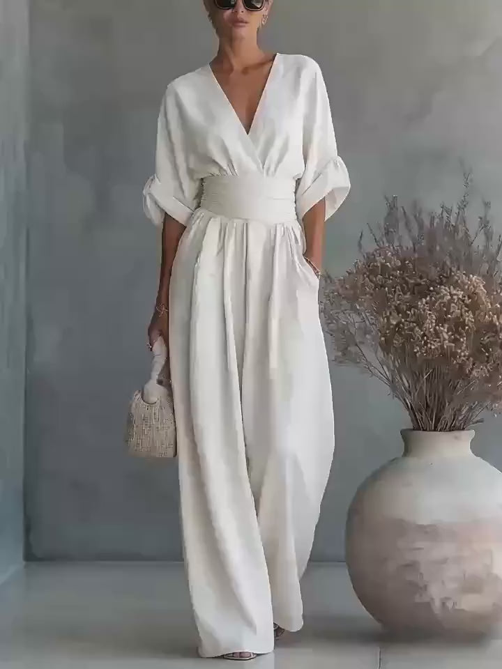 Video showcasing the chic black and white wide-leg jumpsuits with v-neck design, perfect for a capsule wardrobe.