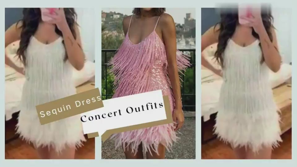 Lifestyle video featuring three chic dresses with fringe details in a natural setting.