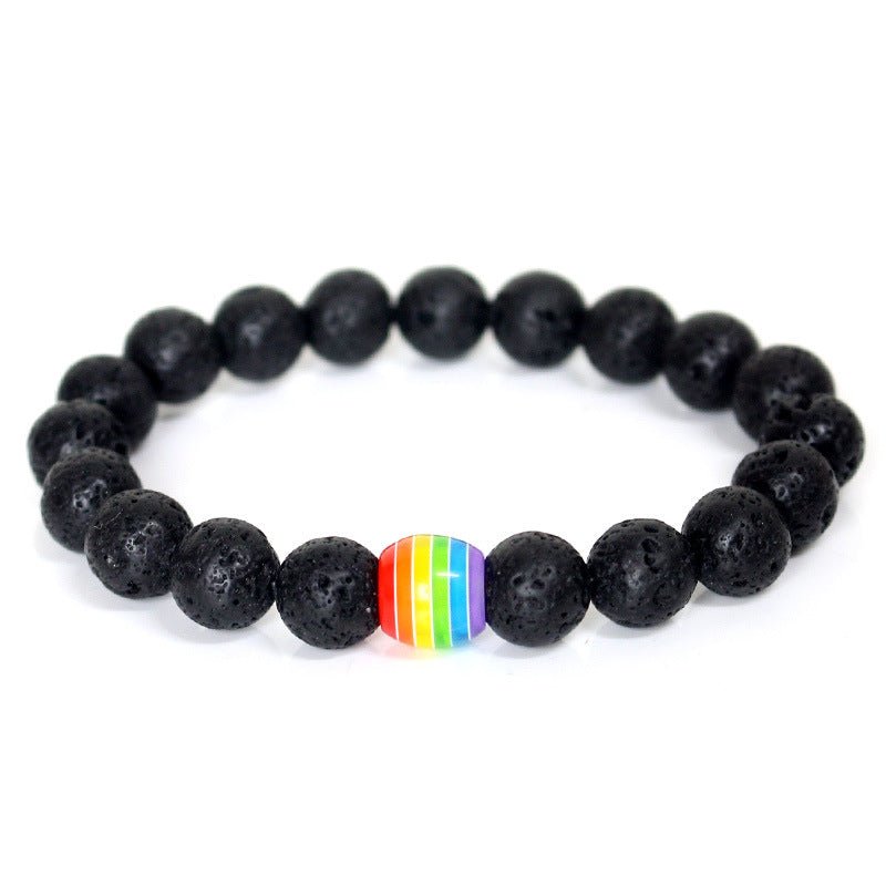 Detail close-up of the black rainbow bead bracelet showcasing vibrant colors on a white background