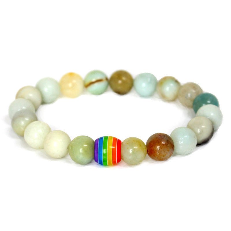 Detail close-up of the blue rainbow bead bracelet with natural stones, accentuating its vibrant hues.