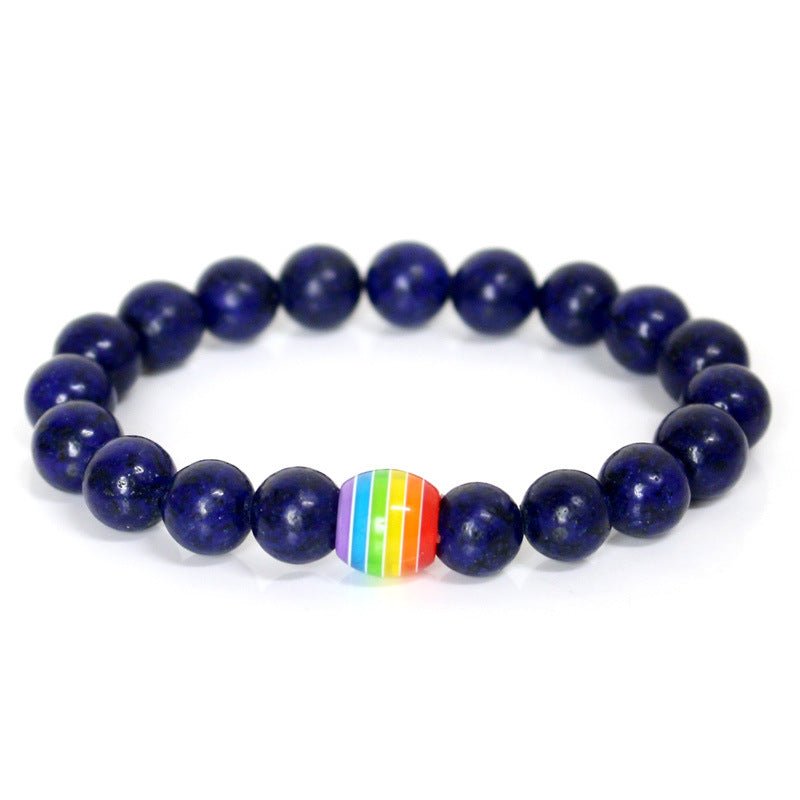 Detail close-up of the blue rainbow bead bracelet featuring natural stones, highlighting its unique design.