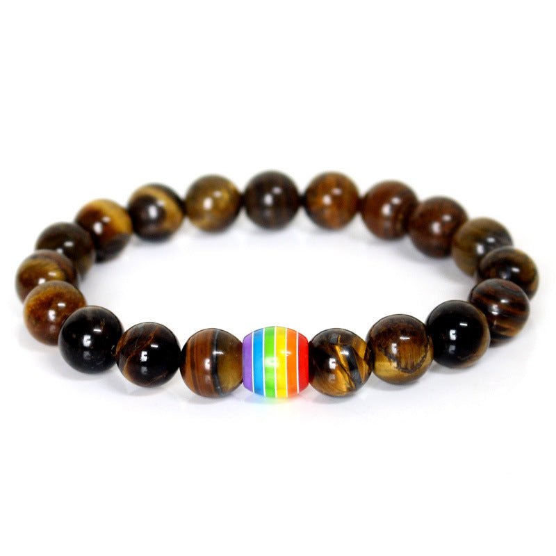 Detail close-up of the brown tiger eye rainbow bead bracelet featuring rich hues on a white background