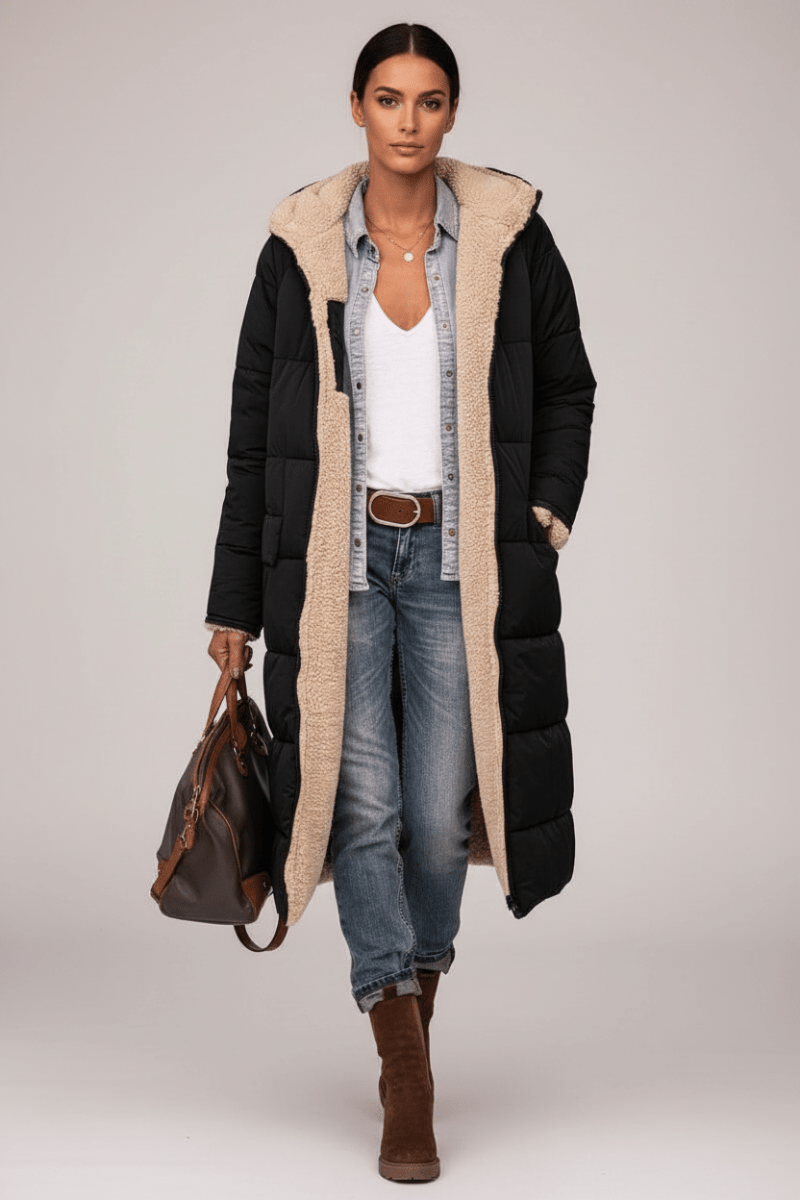 Reversible Hooded Long Coat – Black & Apricot - @BlackWhite