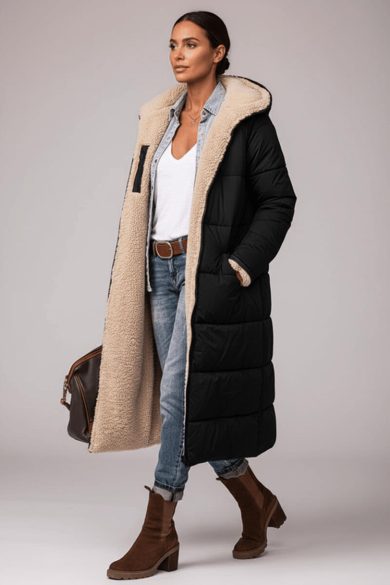 Reversible Hooded Long Coat – Black & Apricot - @BlackWhite