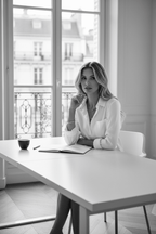 Lifestyle view of a white satin long sleeve blouse with v-neck, chic and versatile for business settings.