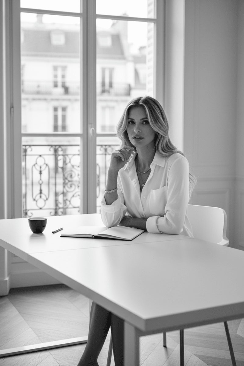 Lifestyle view of a white satin long sleeve blouse with v-neck, chic and versatile for business settings.