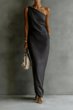 Satin Off-shoulder Maxi Dress in Black – Elegant Draping Style - @BlackWhite